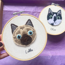 Load image into Gallery viewer, Personalised Pet Portrait Hand Embroidery Hoop, Pet Lover Gifts, Custom Cat, Dog or any Pet Embroidery Gift