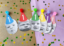 Load image into Gallery viewer, Block Colour Hat Personalised Photo Face Pom Pom Bunting
